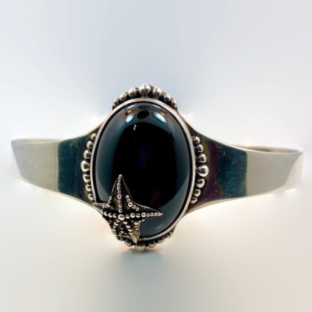 Black Onyx Cuff, Starfish, Sterling Silver, Sajen, Designer, Vintage, Boho